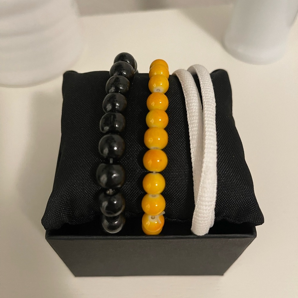 Black and Yellow Beaded Bracelets with White Cord 3 piece